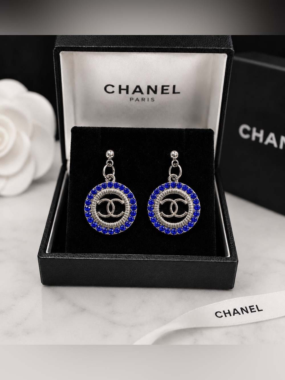 CHANEL Silver-Tone Round Drop Earrings with Royal Blue Crystals